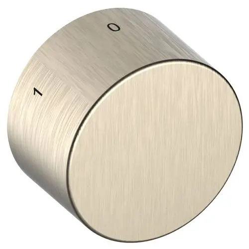 Metallischer Bedienknopf von Keuco mit zwei Zahlen (0 und 1) auf der Oberfläche. Rund mit gebürsteter Oberfläche.